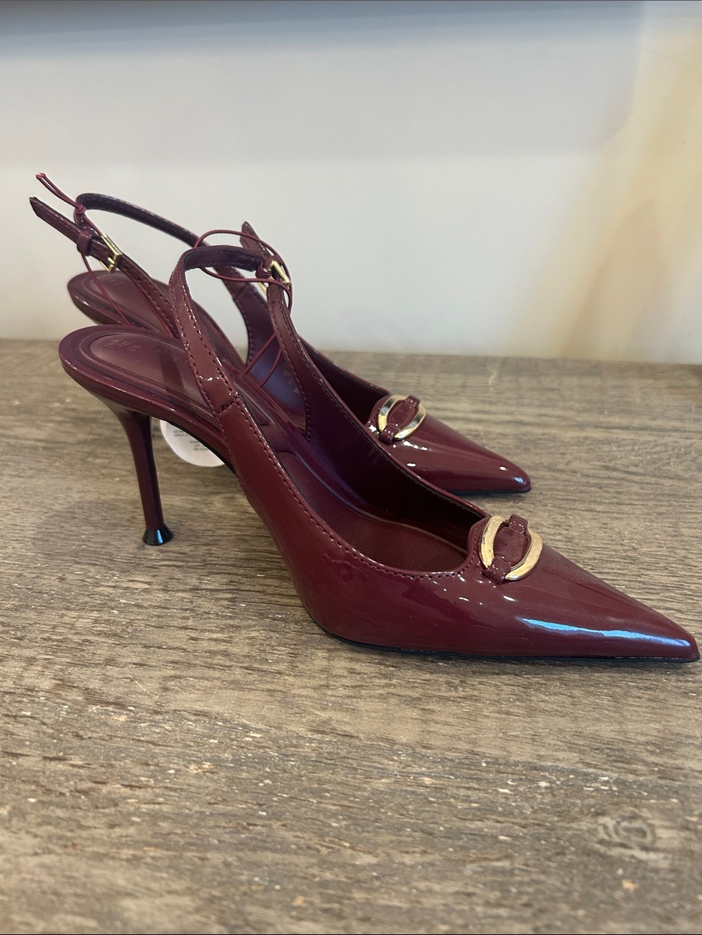 Primark Women's Burgundy Patent Slingback Pumps with Gold Accent